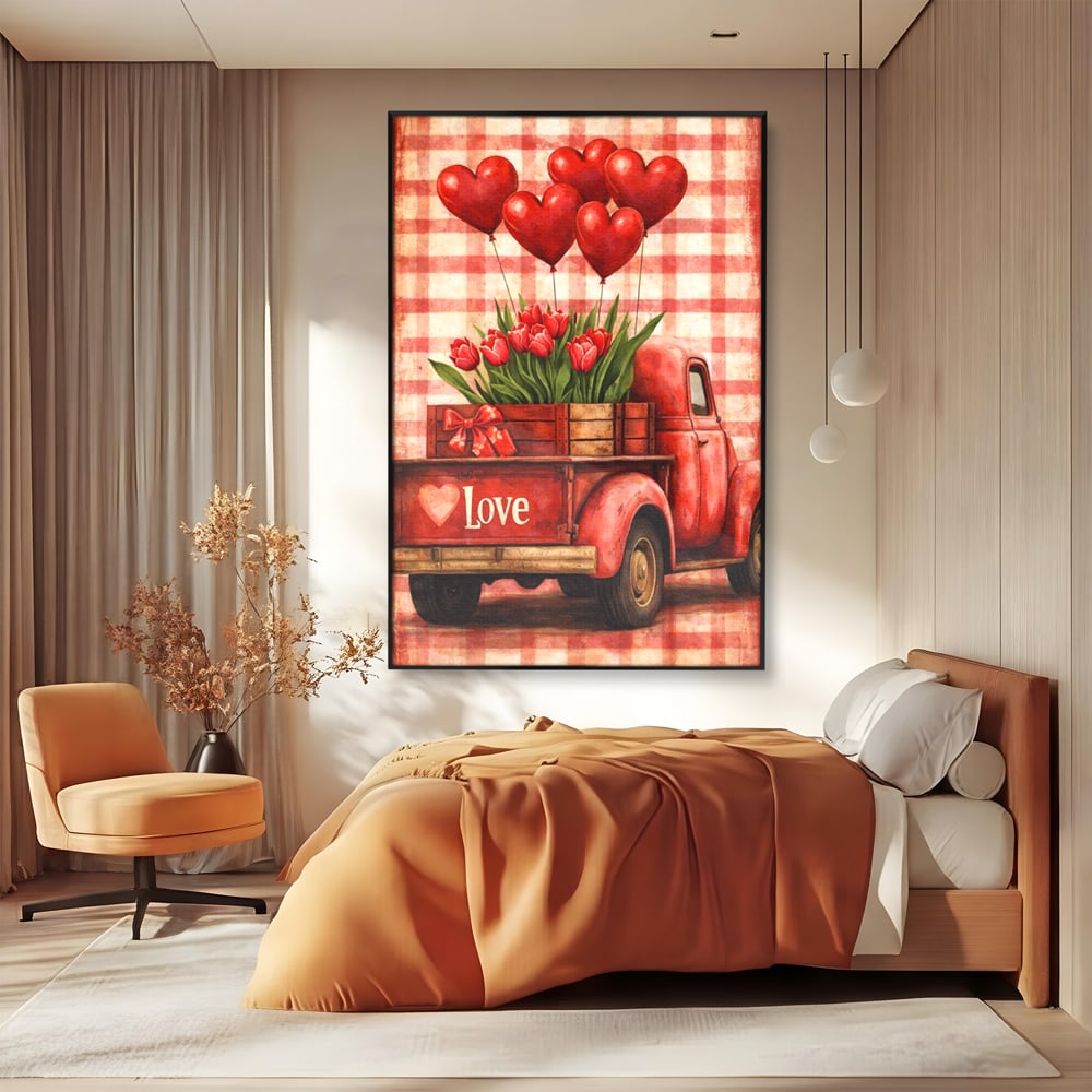 Tablou canvas cu tablou canvas cu un camion rosu vintage, in rama de aluminiu negru, pe perete intr-un dormitor